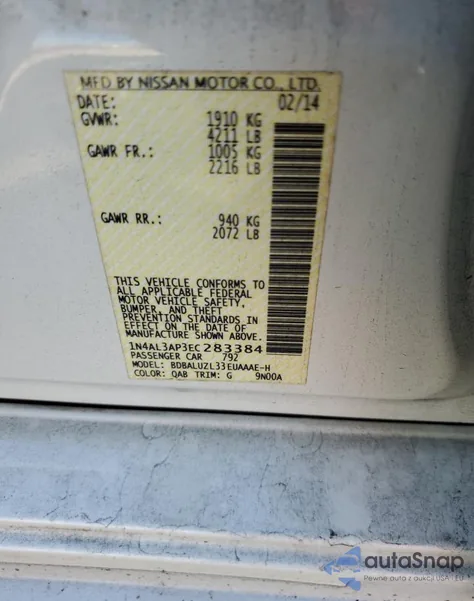 2014 Nissan Altima 2.5 из США, поврежденный, VIN 1N4AL3AP3EC283384